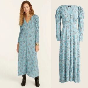 J. Crew Womens Dress Size 2 Blue Paisley Drapey Puff Sleeve Button Front Midi